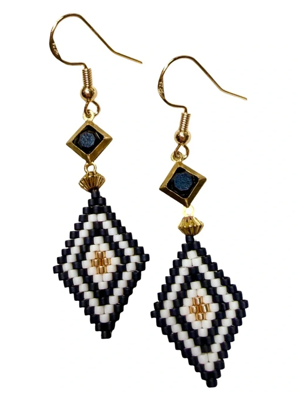 Art Deco Black & Gold Beaded Earrings | Geometric Statement Dangles